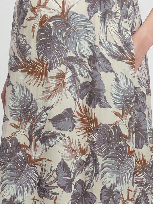 Beige Palm Leaf Tropical Printed Maternity Dress
