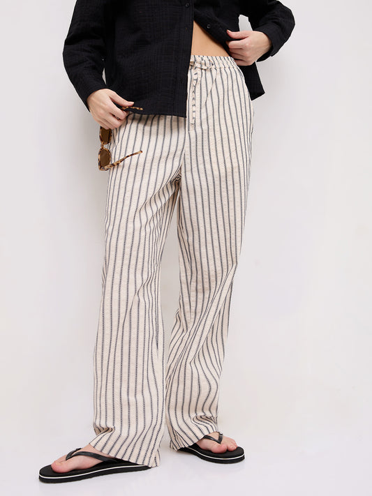 Coastal Ivory Motif Striped Seersucker Embroidered Trousers