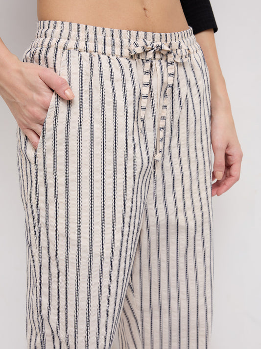 Coastal Ivory Motif Striped Seersucker Embroidered Trousers
