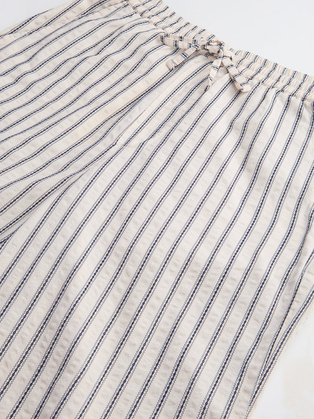 Coastal Ivory Motif Striped Seersucker Embroidered Trousers