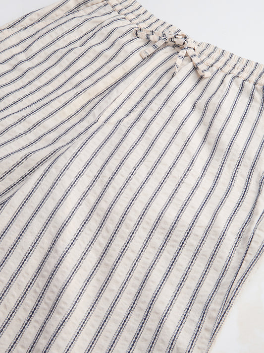 Coastal Ivory Motif Striped Seersucker Embroidered Trousers