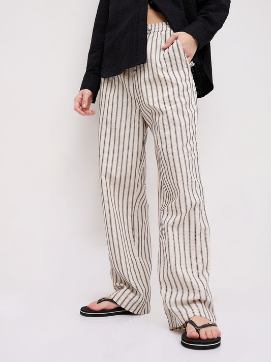 Coastal Ivory Motif Striped Seersucker Embroidered Trousers