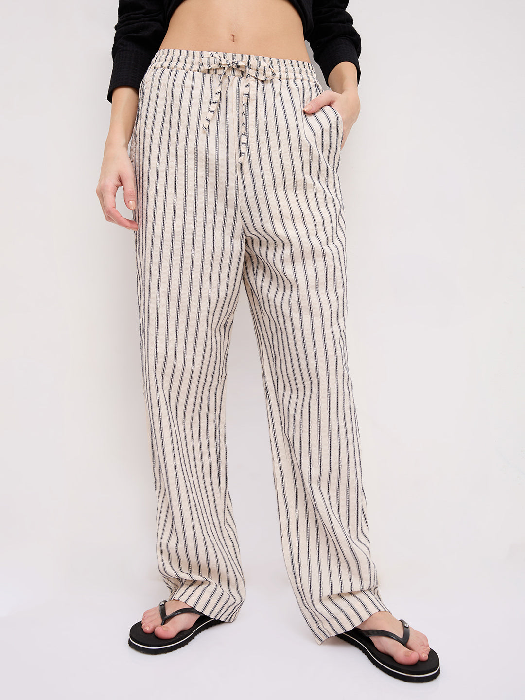 Coastal Ivory Motif Striped Seersucker Embroidered Trousers