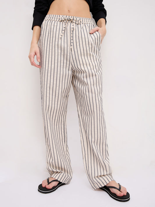 Coastal Ivory Motif Striped Seersucker Embroidered Trousers