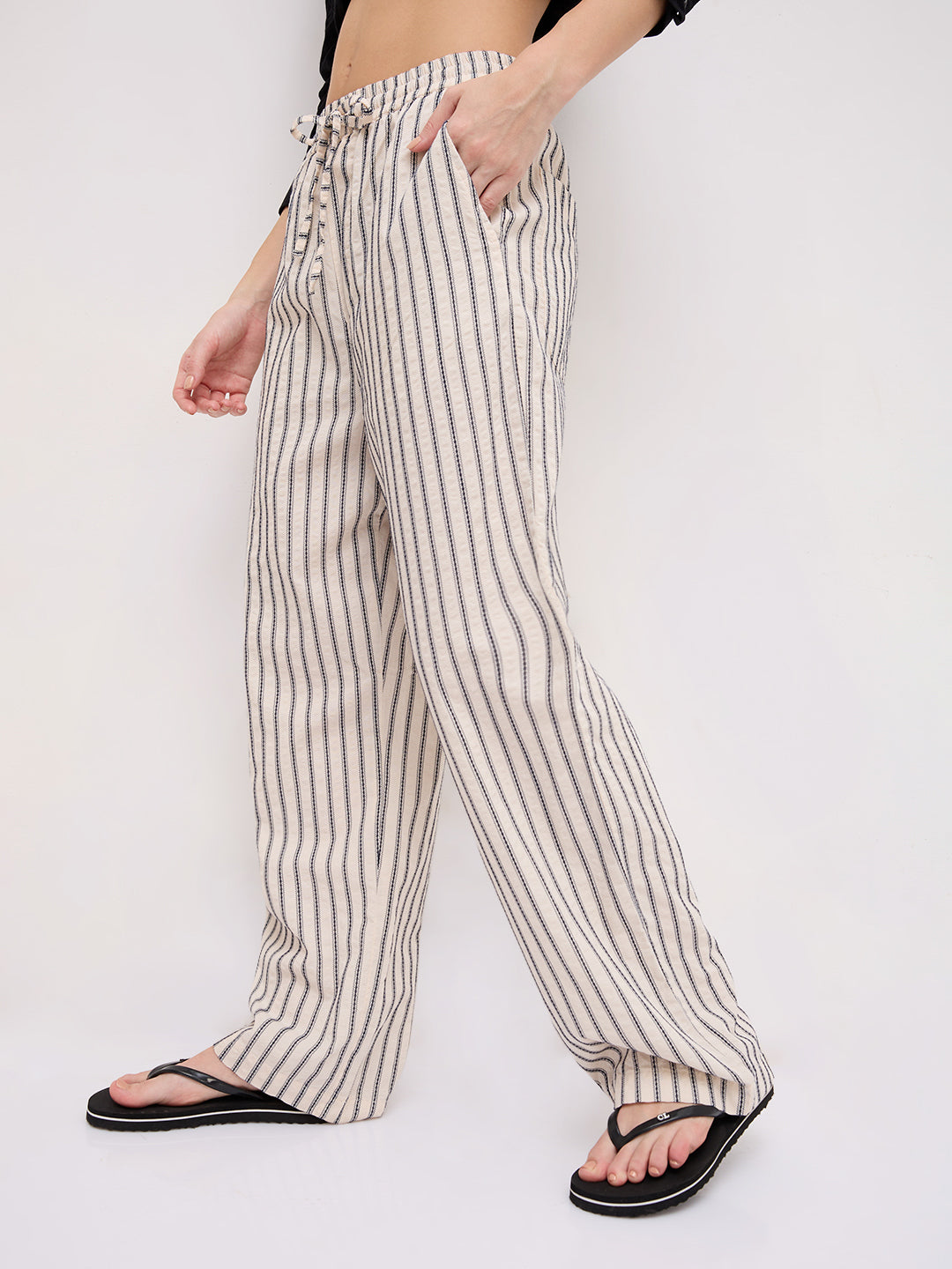 Coastal Ivory Motif Striped Seersucker Embroidered Trousers