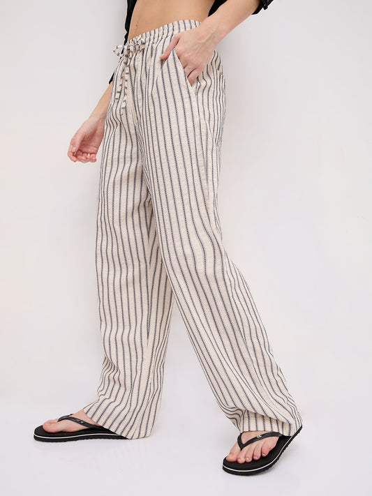 Coastal Ivory Motif Striped Seersucker Embroidered Trousers