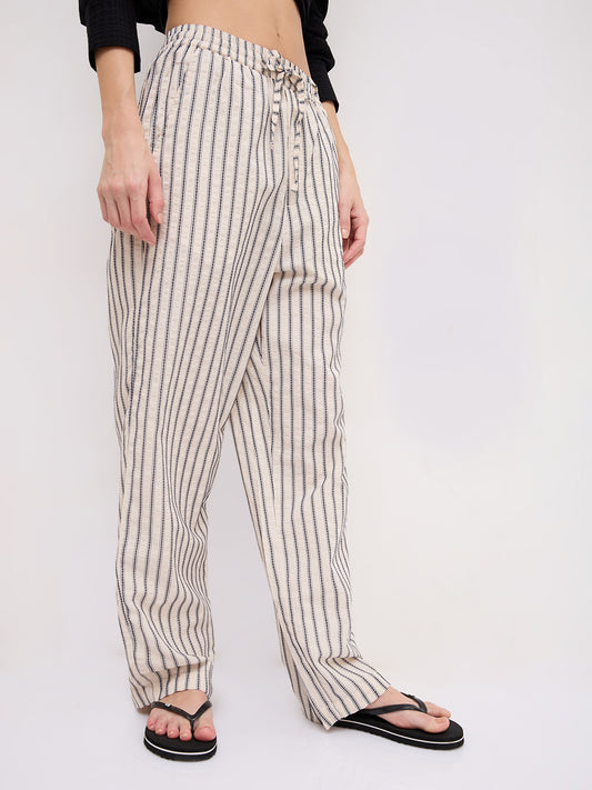 Coastal Ivory Motif Striped Seersucker Embroidered Trousers