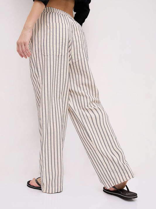 Coastal Ivory Motif Striped Seersucker Embroidered Trousers