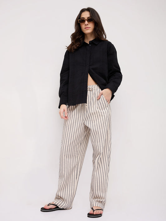 Coastal Ivory Motif Striped Seersucker Embroidered Trousers