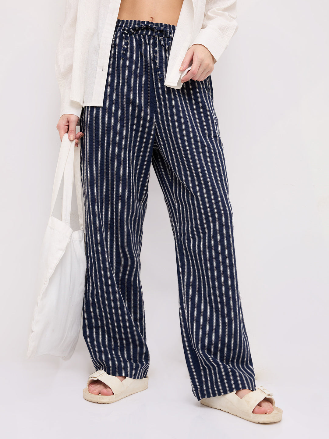 Navy Artisan Fine Embroidered Seersucker Striped Straight Fit Trousers