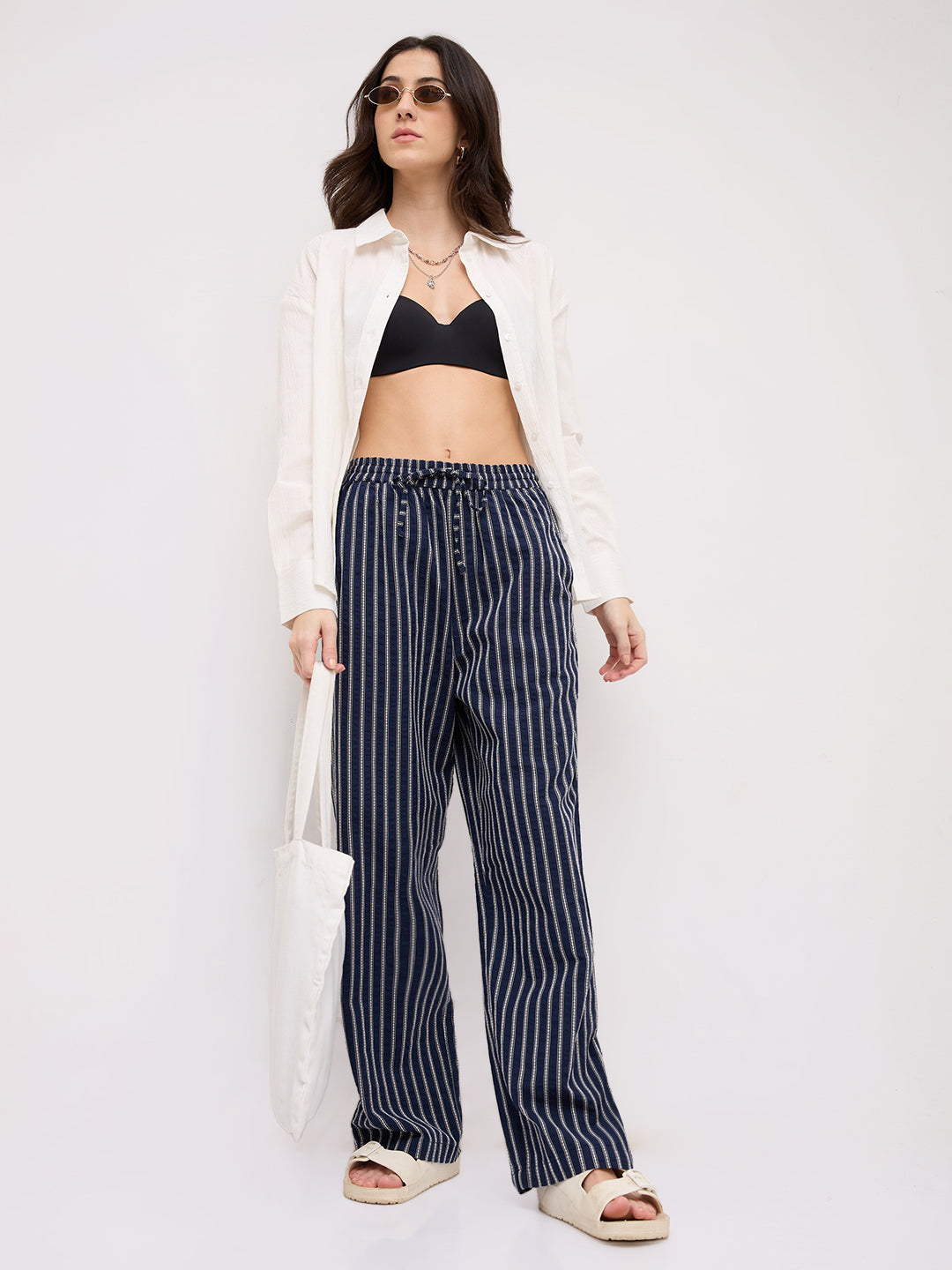 Navy Artisan Fine Embroidered Seersucker Striped Straight Fit Trousers