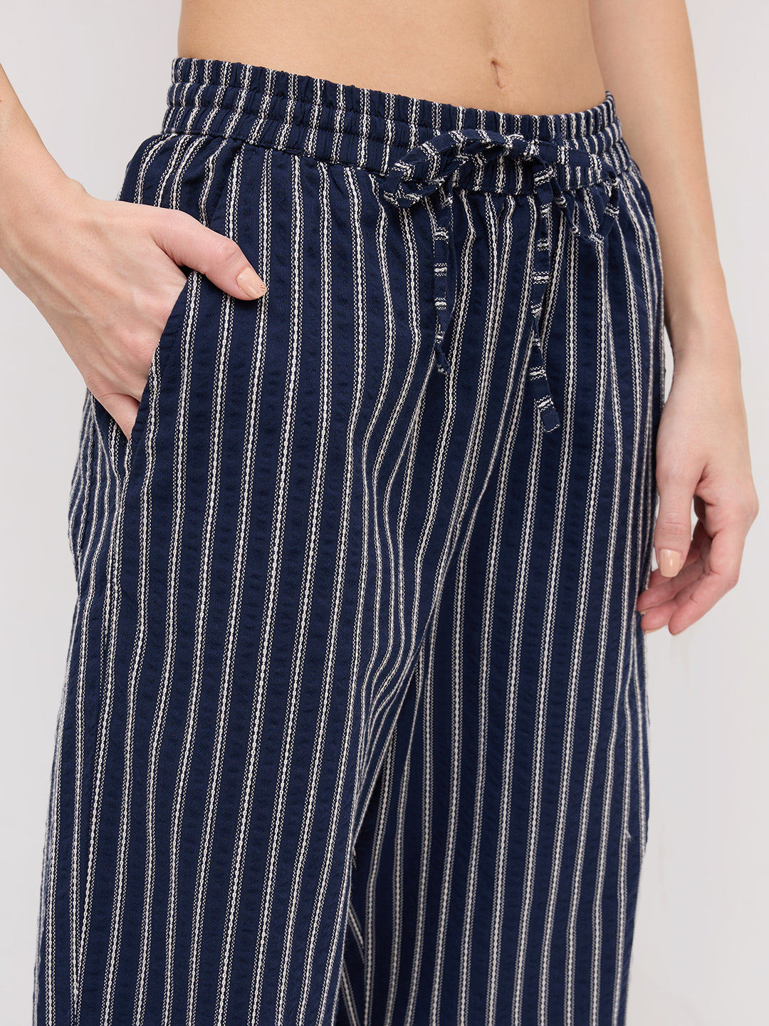 Navy Artisan Fine Embroidered Seersucker Striped Straight Fit Trousers