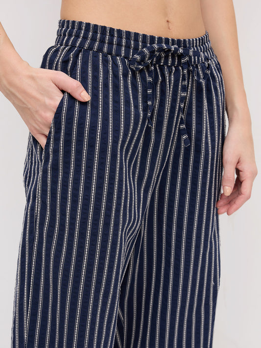 Navy Artisan Fine Embroidered Seersucker Striped Straight Fit Trousers