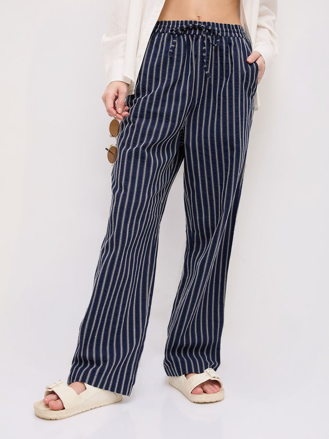 Navy Artisan Fine Embroidered Seersucker Striped Straight Fit Trousers