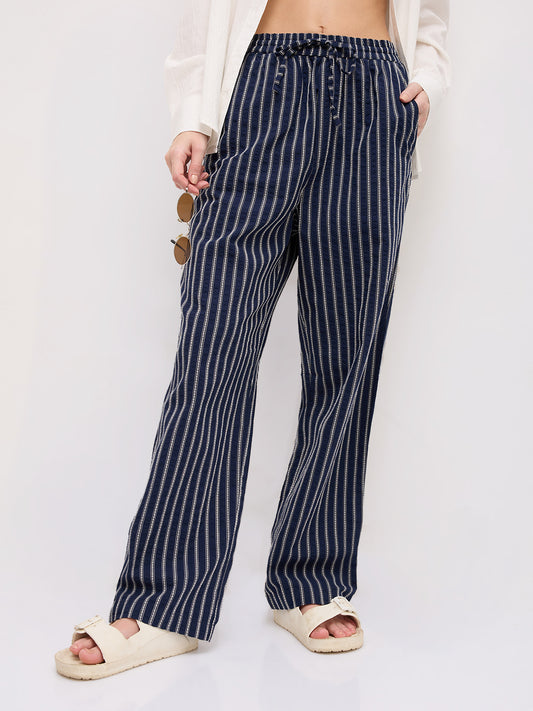 Navy Artisan Fine Embroidered Seersucker Striped Straight Fit Trousers