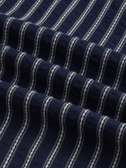 Navy Artisan Fine Embroidered Seersucker Striped Straight Fit Trousers