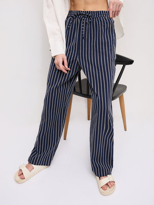 Navy Artisan Fine Embroidered Seersucker Striped Straight Fit Trousers