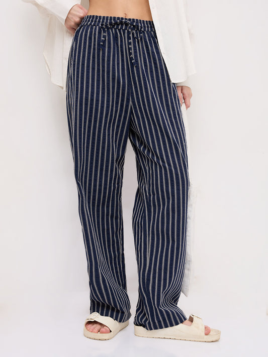 Navy Artisan Fine Embroidered Seersucker Striped Straight Fit Trousers