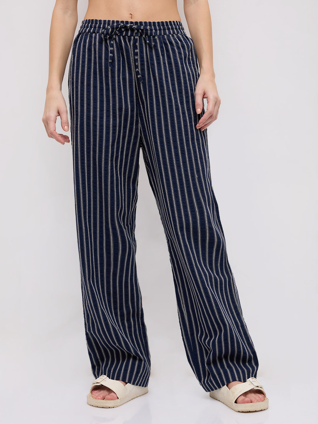 Navy Artisan Fine Embroidered Seersucker Striped Straight Fit Trousers