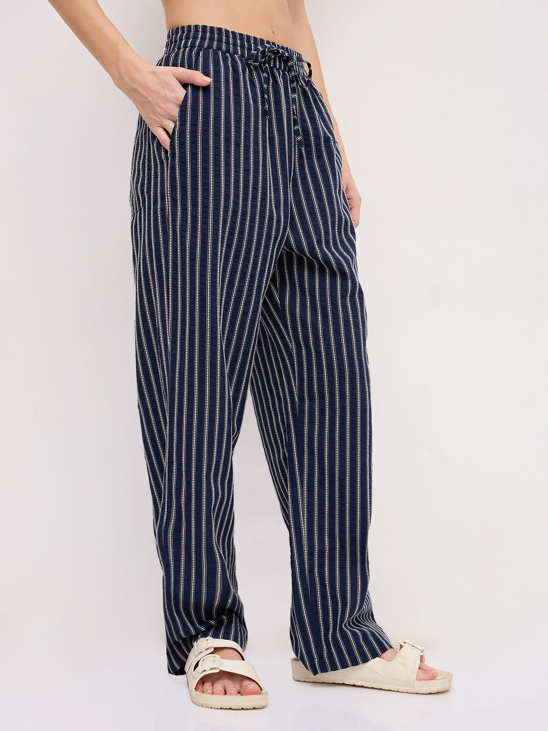 Navy Artisan Fine Embroidered Seersucker Striped Straight Fit Trousers
