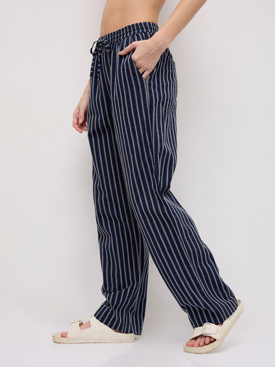 Navy Artisan Fine Embroidered Seersucker Striped Straight Fit Trousers