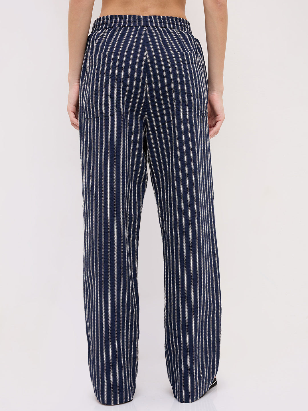 Navy Artisan Fine Embroidered Seersucker Striped Straight Fit Trousers