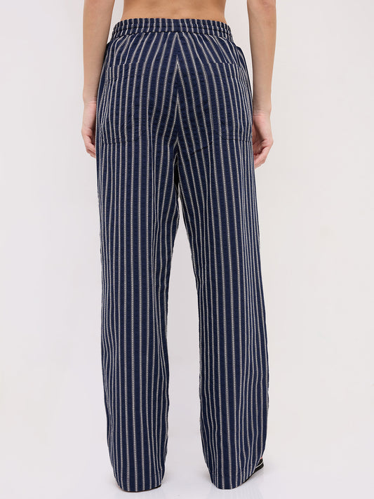 Navy Artisan Fine Embroidered Seersucker Striped Straight Fit Trousers
