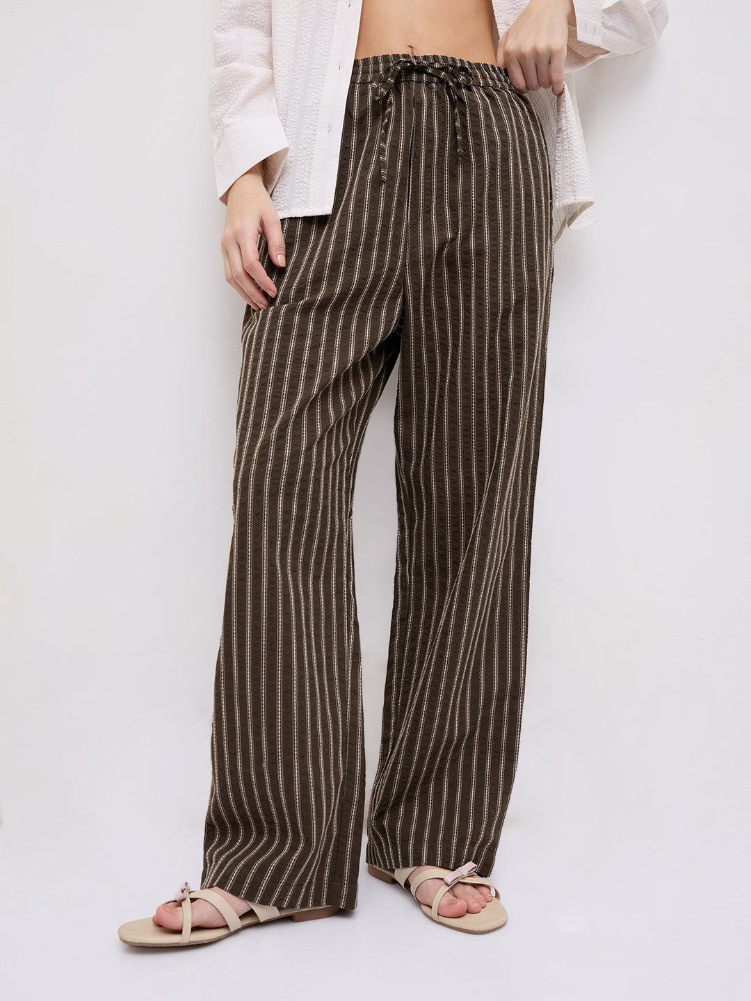 Olive Artisan Fine Embroidered Seersucker Striped Straight Fit Trousers