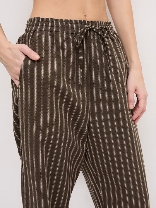 Olive Artisan Fine Embroidered Seersucker Striped Straight Fit Trousers