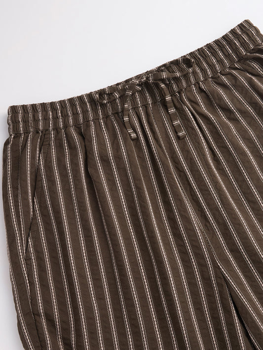 Olive Artisan Fine Embroidered Seersucker Striped Straight Fit Trousers