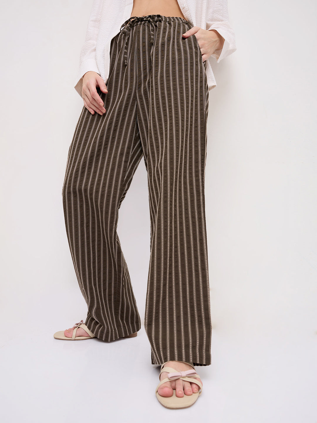Olive Artisan Fine Embroidered Seersucker Striped Straight Fit Trousers