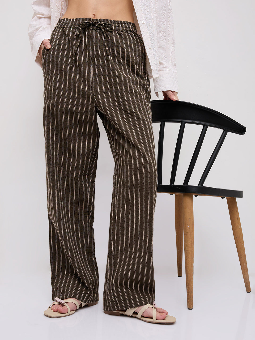 Olive Artisan Fine Embroidered Seersucker Striped Straight Fit Trousers