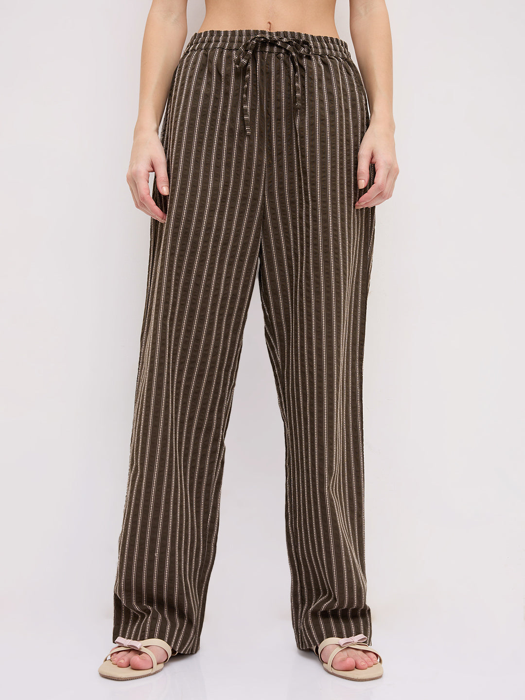 Olive Artisan Fine Embroidered Seersucker Striped Straight Fit Trousers