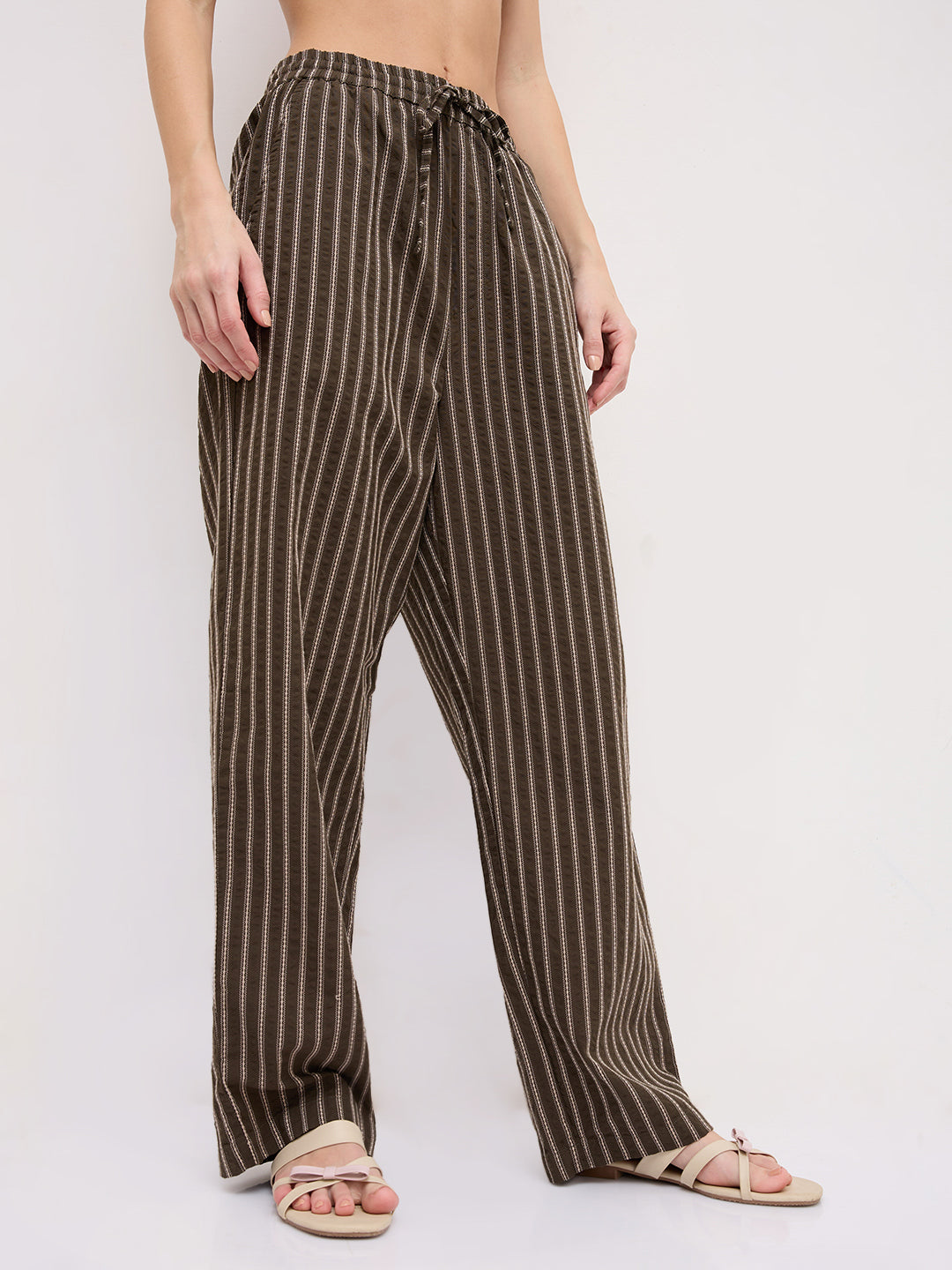 Olive Artisan Fine Embroidered Seersucker Striped Straight Fit Trousers