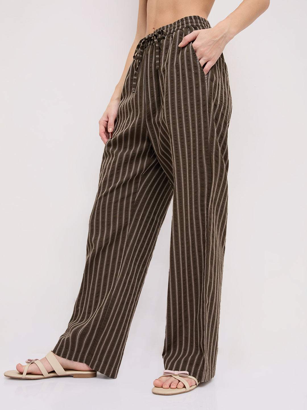 Olive Artisan Fine Embroidered Seersucker Striped Straight Fit Trousers