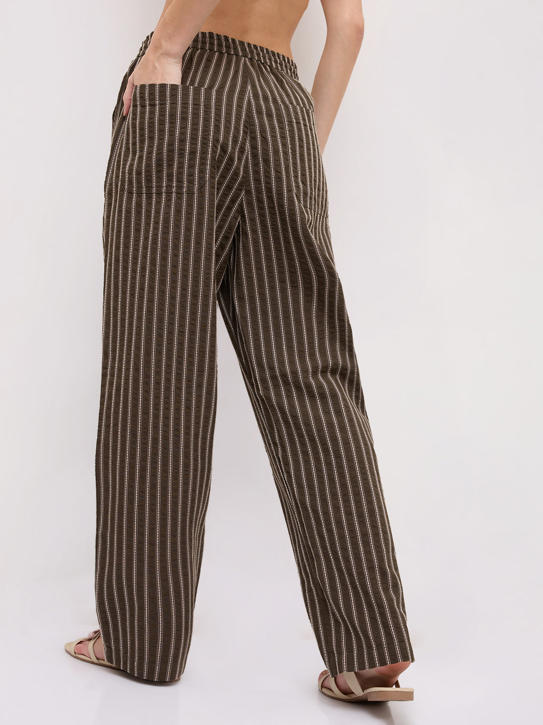 Olive Artisan Fine Embroidered Seersucker Striped Straight Fit Trousers