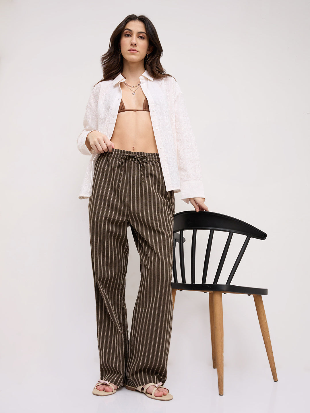 Olive Artisan Fine Embroidered Seersucker Striped Straight Fit Trousers