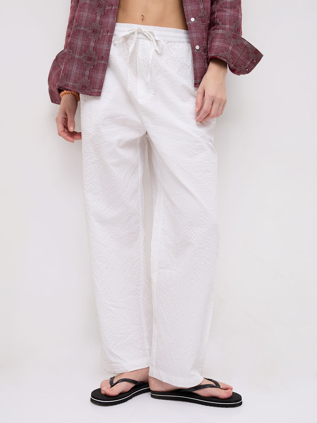 Soft White Crinkled Straight Fit Trousers