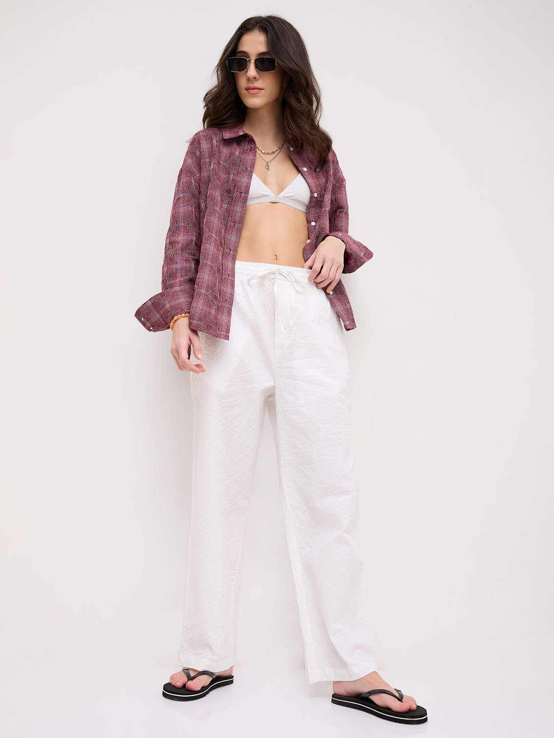 Soft White Crinkled Straight Fit Trousers