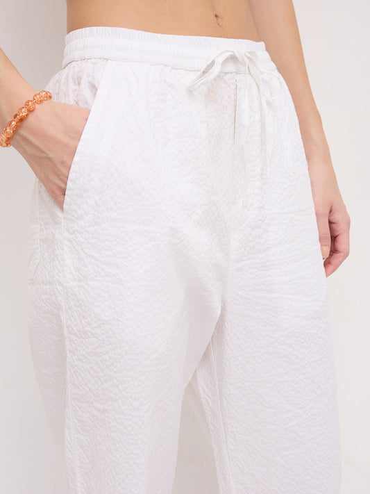 Soft White Crinkled Straight Fit Trousers