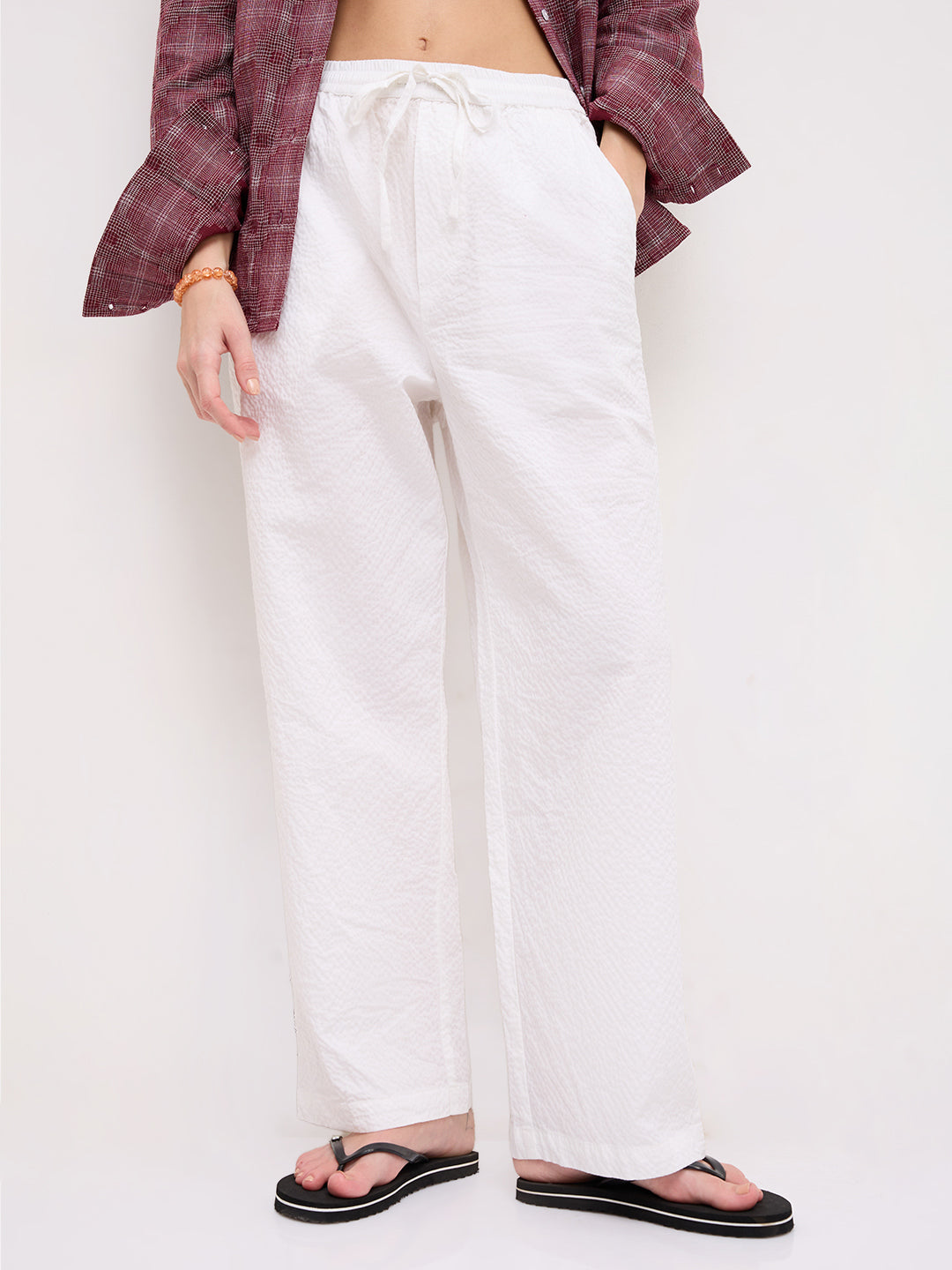 Soft White Crinkled Straight Fit Trousers