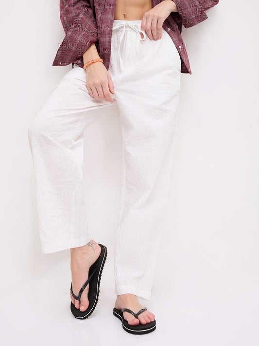 Soft White Crinkled Straight Fit Trousers