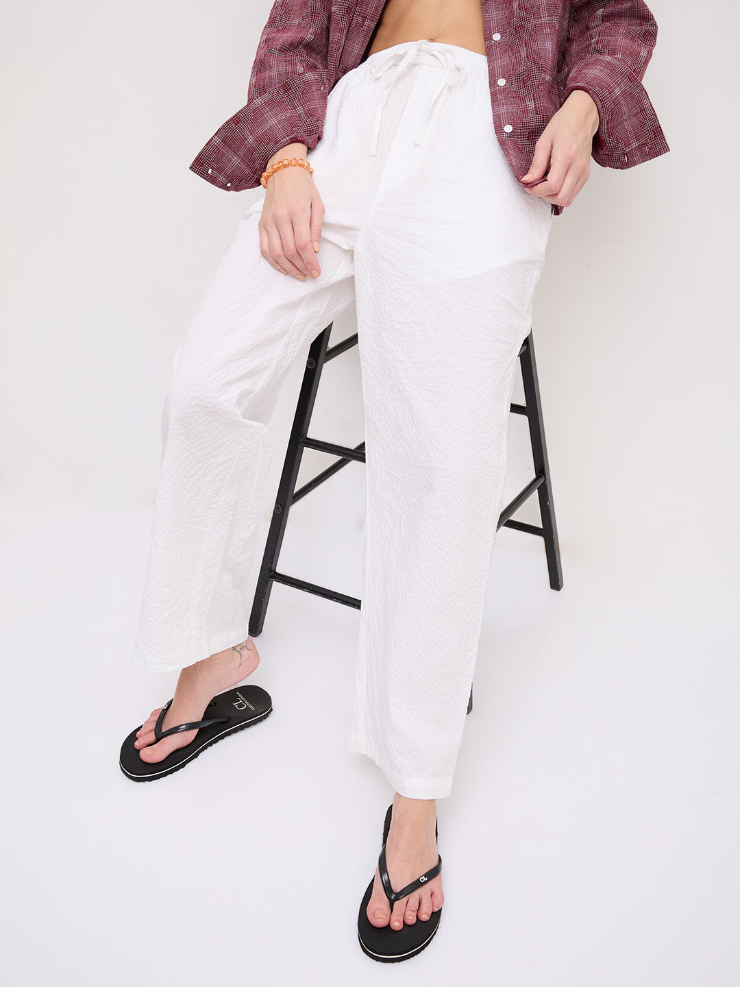 Soft White Crinkled Straight Fit Trousers