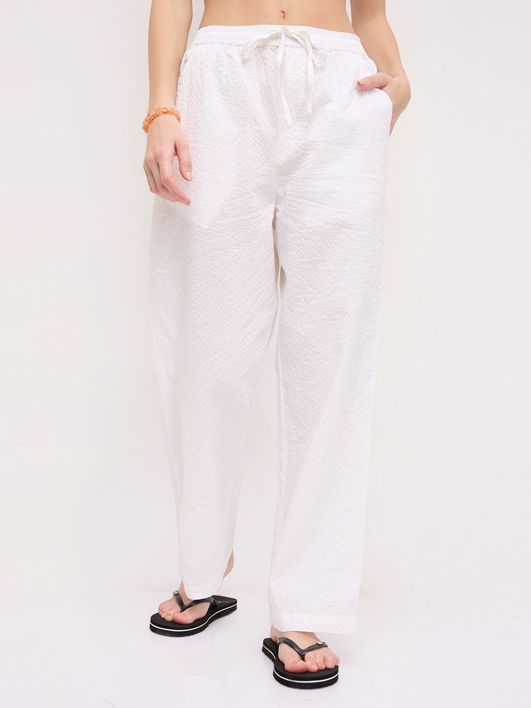 Soft White Crinkled Straight Fit Trousers