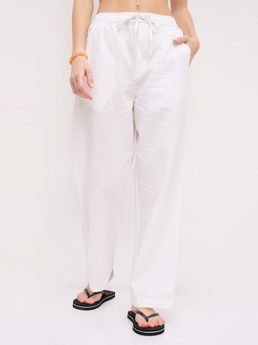 Soft White Crinkled Straight Fit Trousers