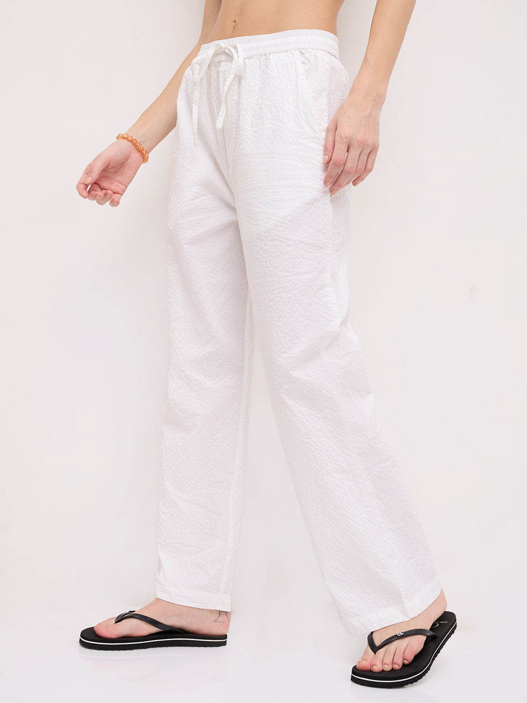 Soft White Crinkled Straight Fit Trousers