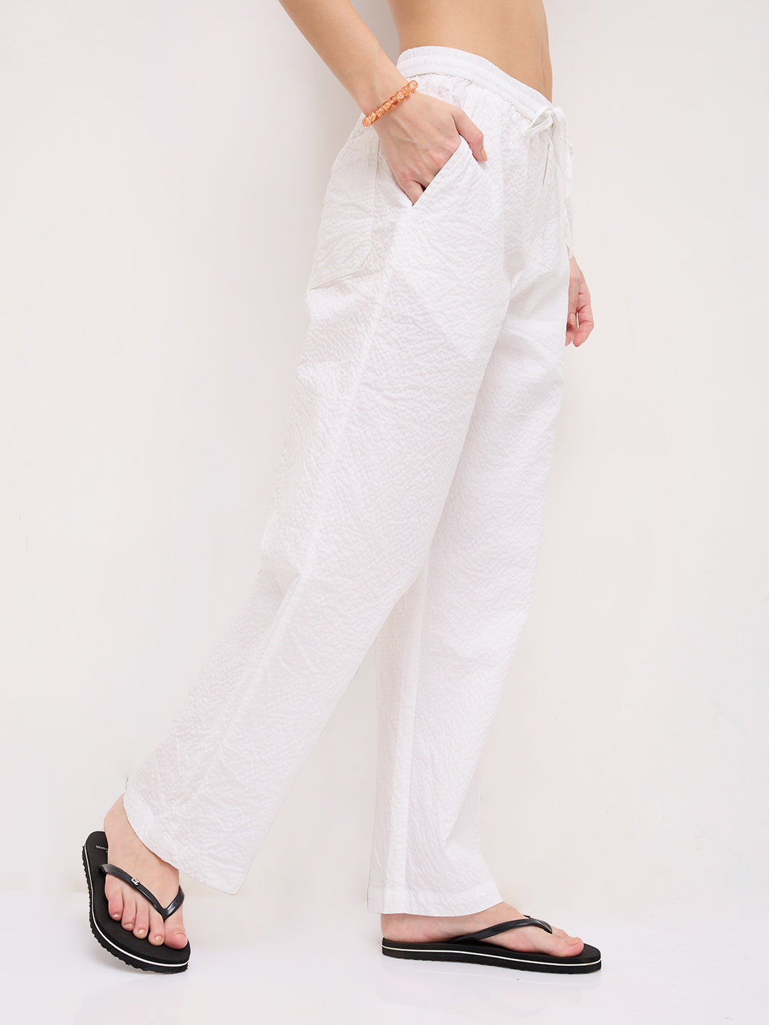 Soft White Crinkled Straight Fit Trousers