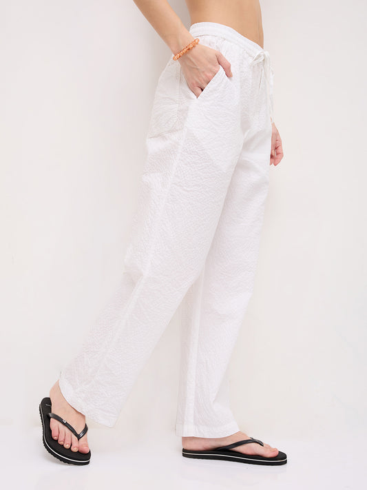 Soft White Crinkled Straight Fit Trousers