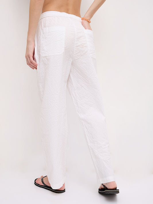 Soft White Crinkled Straight Fit Trousers