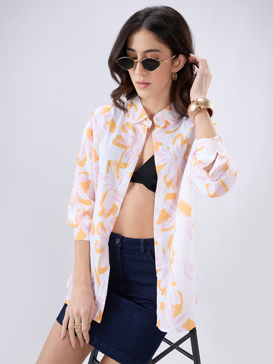 Orange and Pink Floral Printed Oversized Shirt